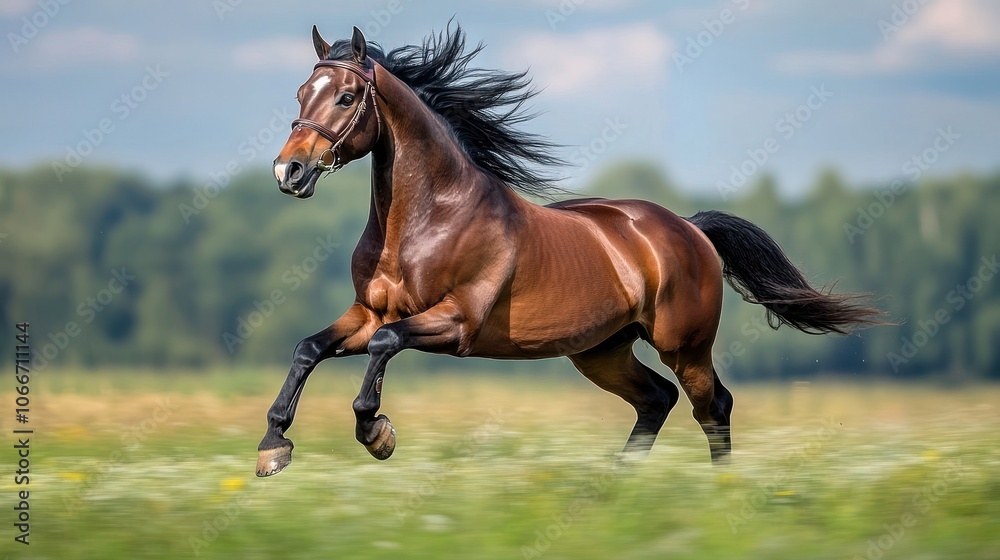 Bay Horse Galloping Through a Field