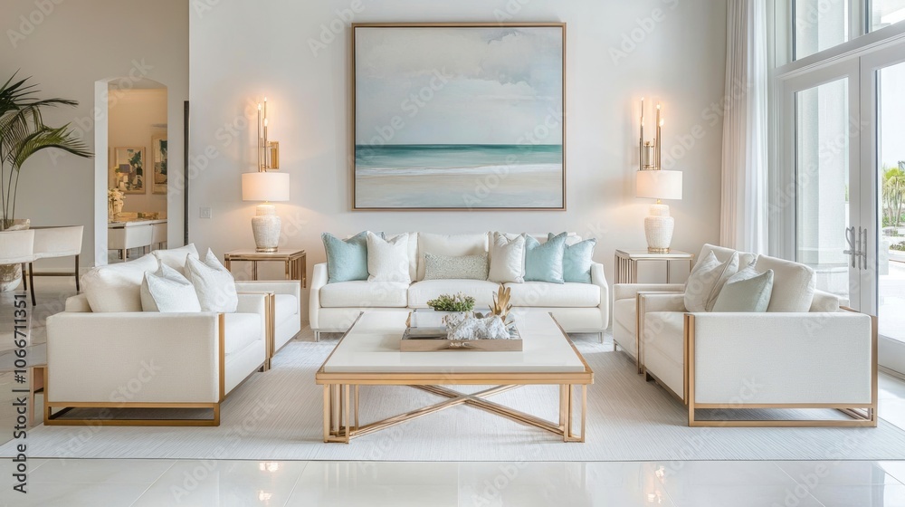 Fototapeta premium Modern Living Room with White Sofa and Gold Accents