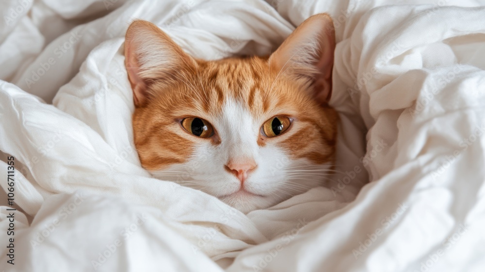 Naklejka premium A cheerful cat dressed as a mummy lounges comfortably, ready to celebrate Halloween with its festive outfit and playful spirit