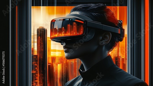 Professional in formal business wear wearing VR glasses, positioned confidently in front of a modern cityscape with bold neon accents in blue and cyan, highlighting themes of progress, sustainability, photo