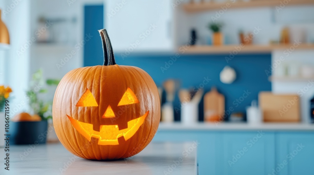 A smiling jack o' lantern glows softly in a cozy kitchen adorned with autumn decorations, creating a festive ambiance