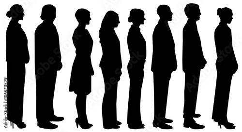 Silhouettes of Different business people standing full length in line queue side view. Monochrome black vector isolated of men and women. 