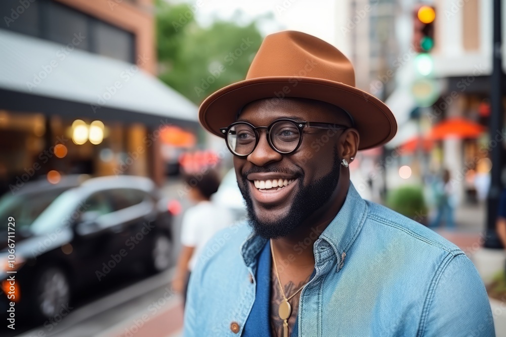 Handsome african american man in hat and glasses on the street