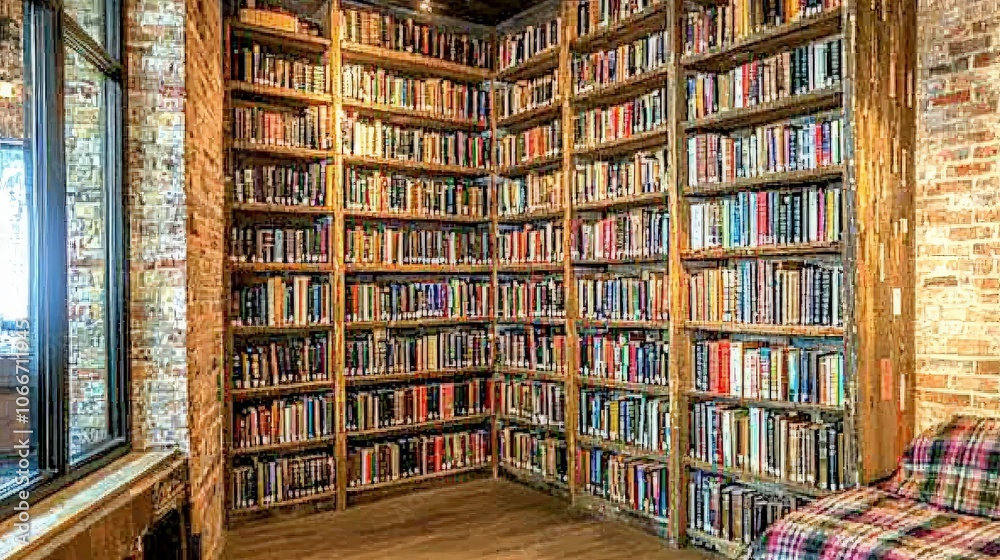 A cozy reading nook with floor-to-ceiling bookshelves filled with books, a comfy plaid couch, and a window with a view. A cozy reading nook with floor-to-ceiling bookshelves filled with books, a comfy plaid couch, and a window with a view.