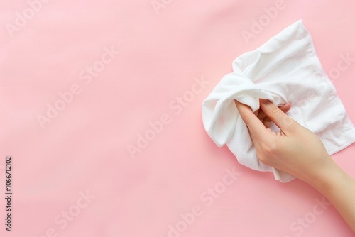 Hand Rag Cleaning: Woman Cleaning with White Rag - Homemaker Dusting Kitchen, Bathroom or Other Room