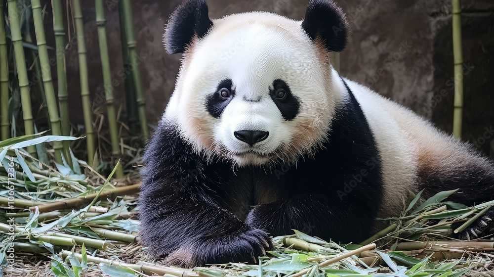 Fototapeta premium A cute giant panda bear sits among bamboo stalks, looking directly at the camera with a curious expression.