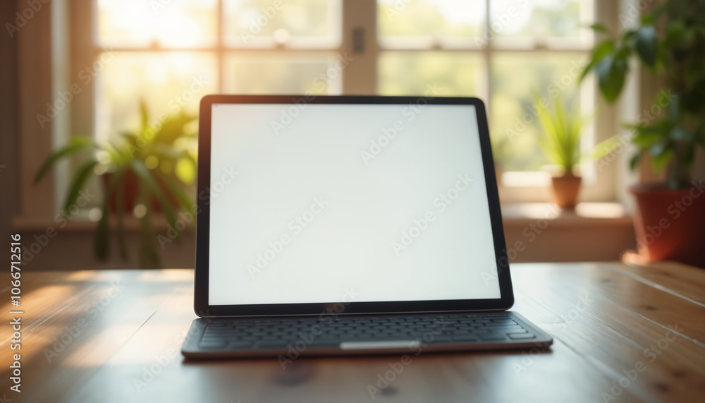 Modern Laptop on a Wooden Table by the Window Modern Laptop on a Wooden Table by the Window