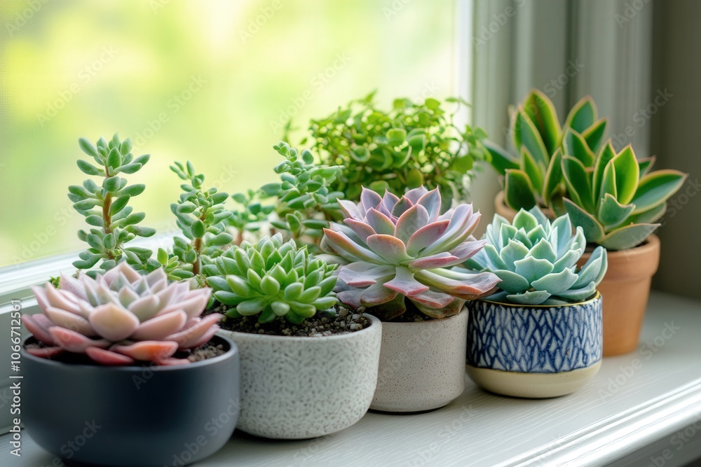 Fototapeta premium Variety of colorful succulents thriving on a bright windowsill, adding a touch of nature to home decor