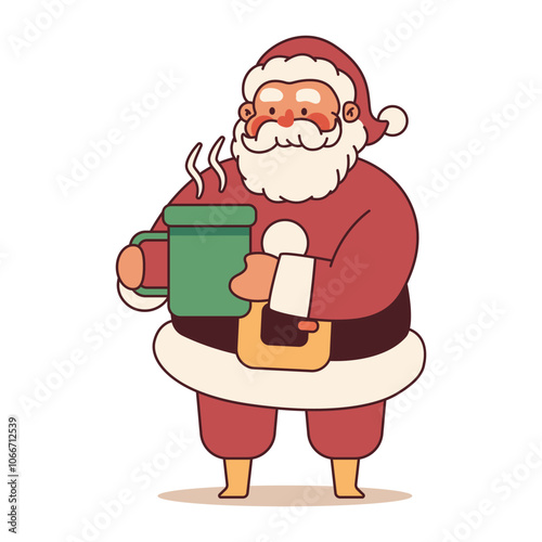 Santa Claus with coffee mug vector Christmas cartoon character isolated on a white background.