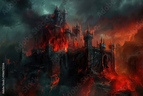 Hell Background. Horror Castle with Demons and Ghosts in Dark and Evil Atmosphere photo