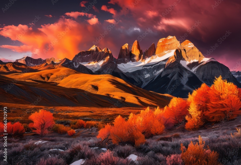 Obraz premium majestic mountain peaks rising above dramatic sky dynamic cloud patterns rich color contrasts, backdrop, scenery, landscape, nature, summit, terrain