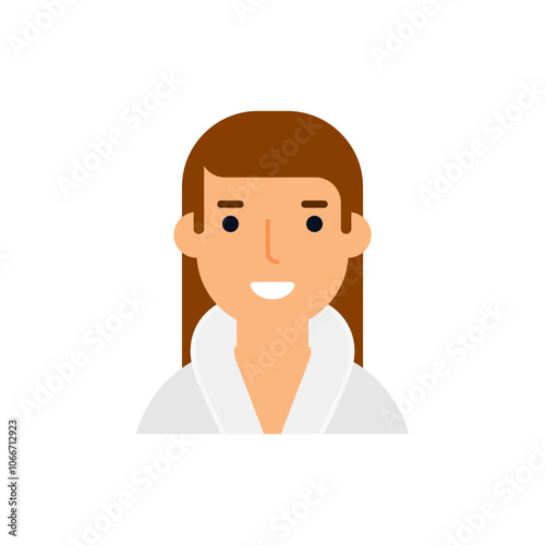 Young happy woman in a bathrobe after a shower. Color cartoon flat style. White background. Vector illustration for beauty spa design.