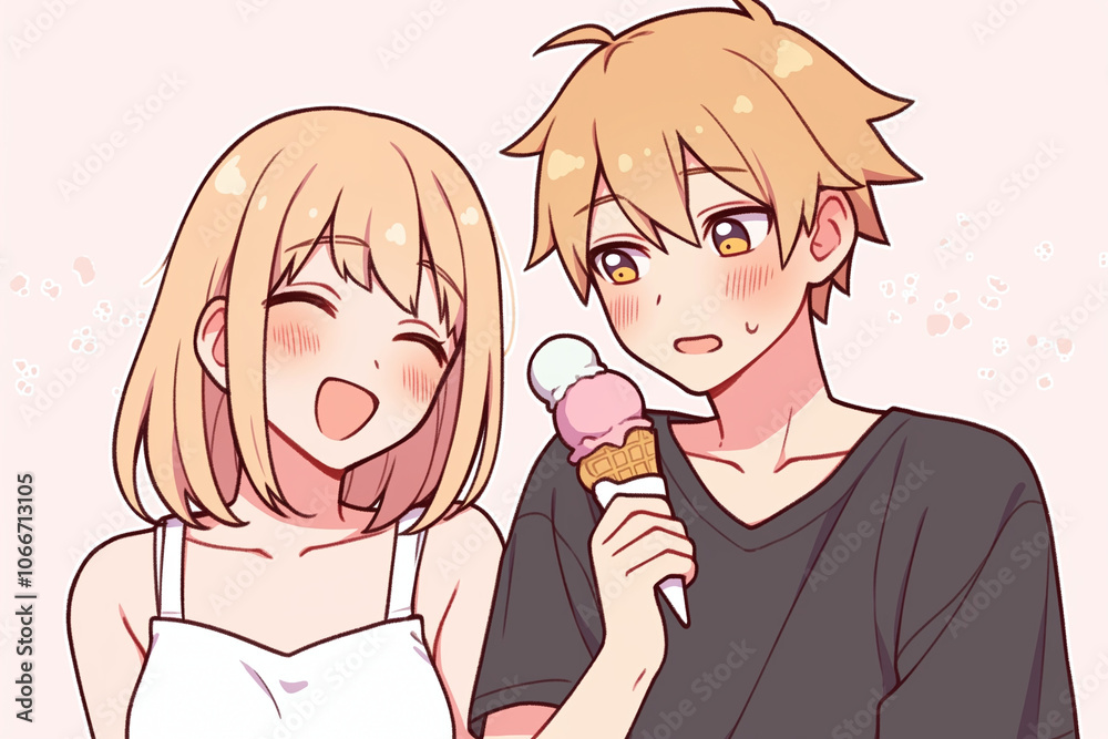 Cute Anime Couple Enjoying Ice Cream Together Cute Anime Couple Enjoying Ice Cream Together