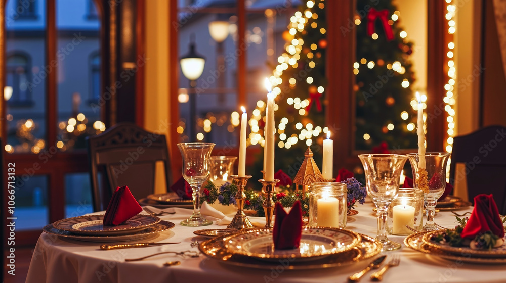 A table set for a dinner party with a christmas tree in the background A table set for a dinner party with a christmas tree in the background