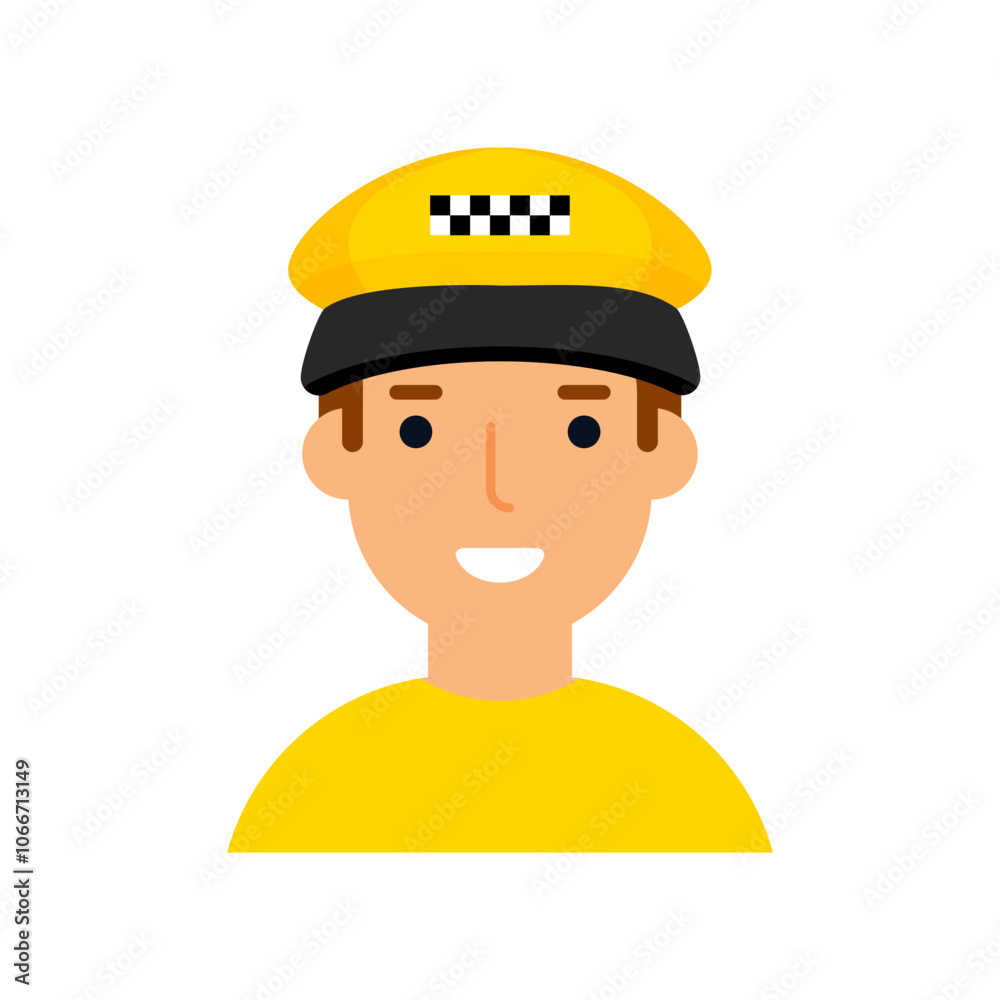 A male taxi driver with a smile on his face. Portrait. Color flat cartoon style. White background. Vector illustration for education design. A male taxi driver with a smile on his face. Portrait. Color flat cartoon style. White background. Vector illustration for education design.