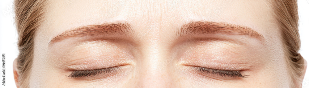 Close-up of a person's closed eyes and eyebrows, showcasing a peaceful expression and a natural, unadorned look. Close-up of a person's closed eyes and eyebrows, showcasing a peaceful expression and a natural, unadorned look.