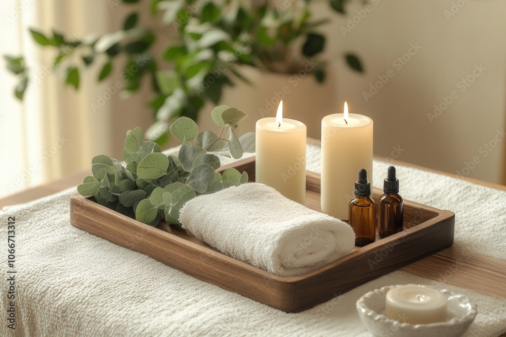 Creating a relaxing atmosphere with burning candles, essential oils, fresh eucalyptus, and a soft towel presented on a wooden tray Creating a relaxing atmosphere with burning candles, essential oils, fresh eucalyptus, and a soft towel presented on a wooden tray