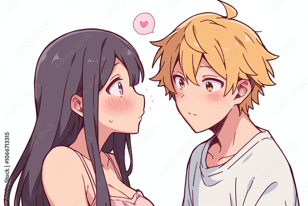 Anime Couple Blushing, Love and Romance Illustration Anime Couple Blushing, Love and Romance Illustration