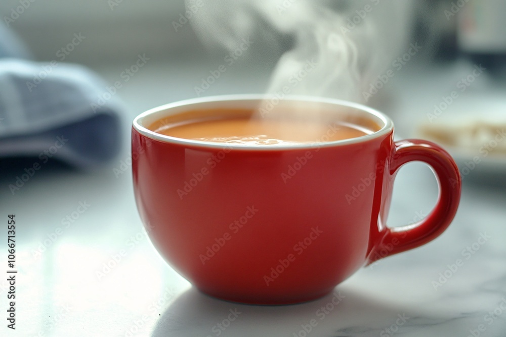 Fototapeta premium A steaming cup of coffee in a red mug, perfect for a cozy morning