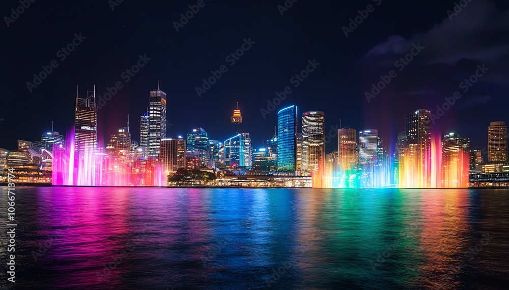 Fototapeta premium Frontal view of a city skyline illuminated by vibrant, shifting colors, showcasing climate change impacts creatively, innovative lighting techniques
