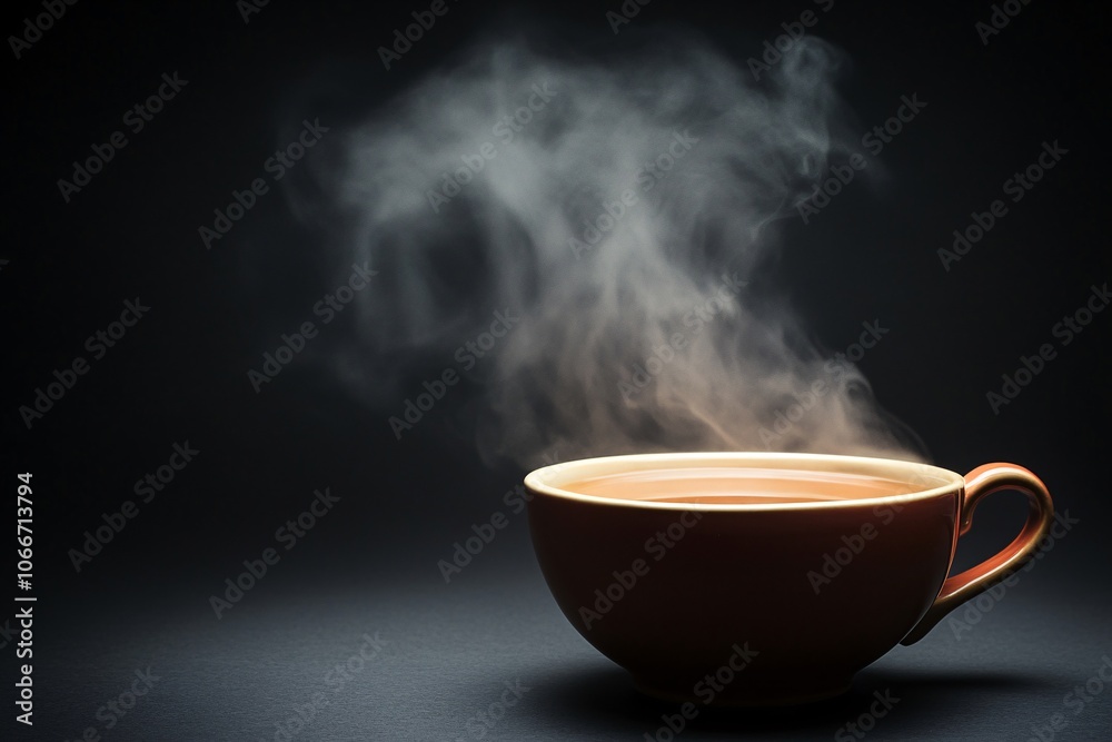 Close-up of a steaming cup of tea on a black background