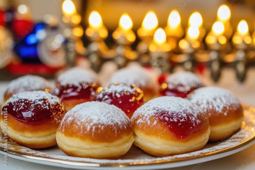 Sufganiyot (Jelly Doughnuts): A close-up of a plate of sufganiyot, traditional jelly-filled doughnuts, dusted with powdered sugar. The background shows a menorah and dreidels, emphasizing the festive Sufganiyot (Jelly Doughnuts): A close-up of a plate of sufganiyot, traditional jelly-filled doughnuts, dusted with powdered sugar. The background shows a menorah and dreidels, emphasizing the festive