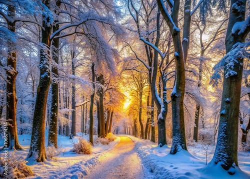 Serene Winter Forest Landscape with Snow-Covered Trees, Frosty Pathways, and Soft Light - Captivating Nature Scene for Winter Photography Enthusiasts