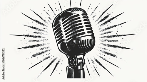 Vintage microphone with a burst of light behind it.