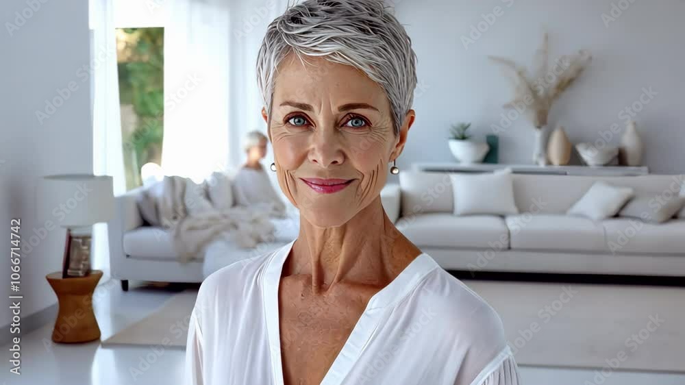 Elegant senior woman smiling in modern living room Elegant senior woman smiling in modern living room