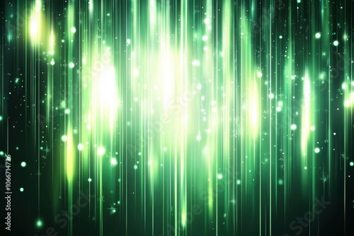 A vibrant abstract design featuring vertical green lines and glowing particles, creating a dynamic and energetic visual effect.