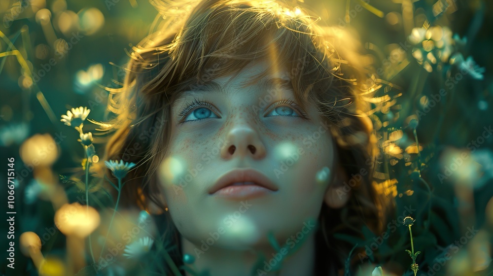 A Child's Wonder: Portrait of a Girl Looking Up in a Field of Flowers A Child's Wonder: Portrait of a Girl Looking Up in a Field of Flowers