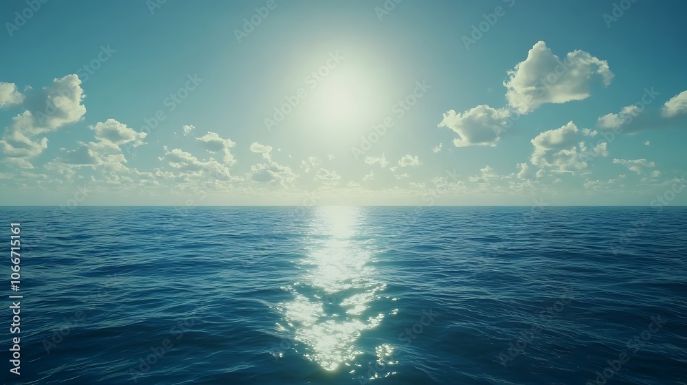 Obraz premium Sunlit Ocean with White Clouds in a Blue Sky