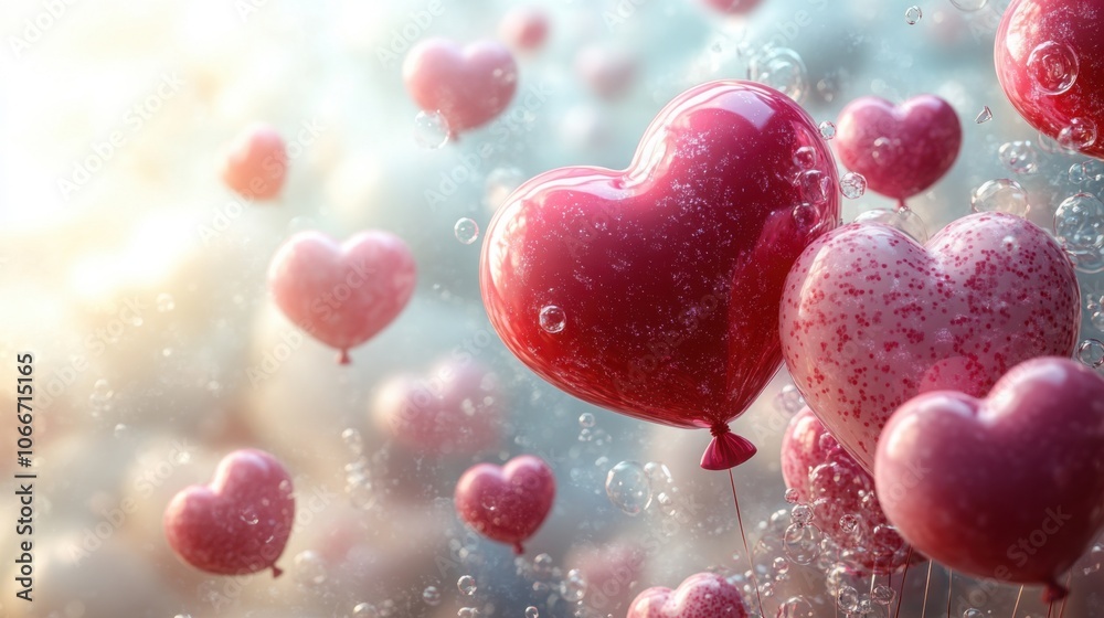 Soft Pink and Red Heart-Shaped Balloons Floating Against a Clear Sky for Celebratory Occasions and Romantic Events Soft Pink and Red Heart-Shaped Balloons Floating Against a Clear Sky for Celebratory Occasions and Romantic Events