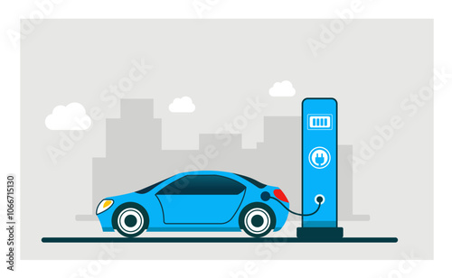 Electric fuel station for electric car, electric automobile recharging concept vector illustration