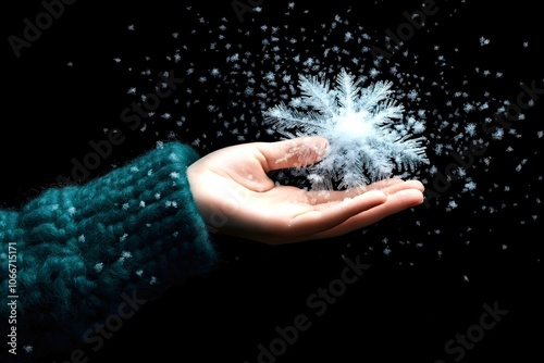 Hand catching a snowflake frost star in winter. Fantasy fairy tale weather.