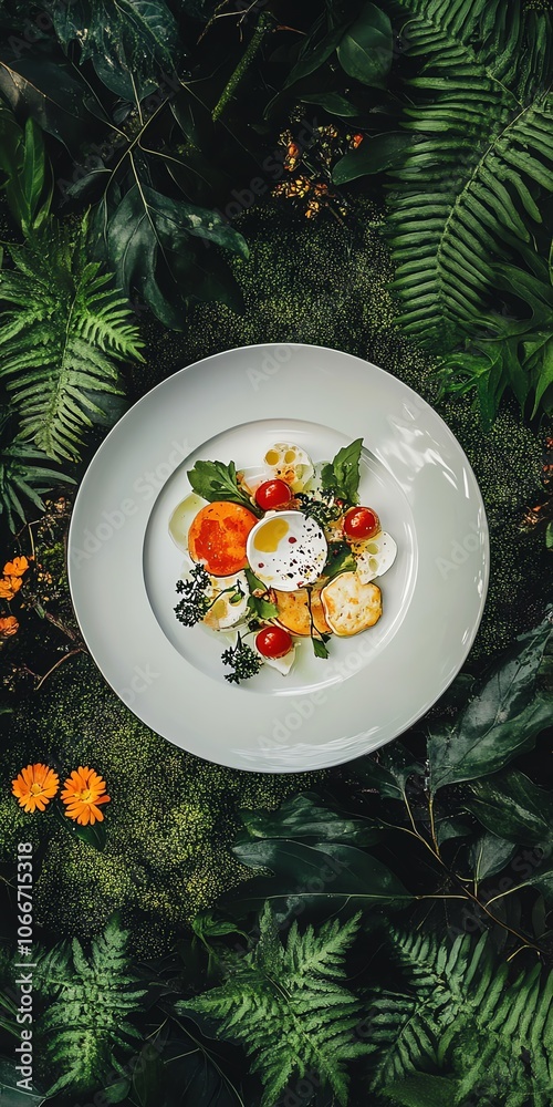High-angle view of a stunning plate of organic food artfully arranged amidst thriving plants and recycled decor, sustainable elegance