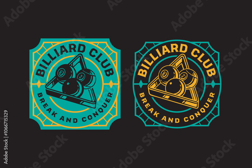 billiard ball with triangle rack retro badge logo design for billiard sport club. pool snooker balls with triangle rack vintage emblem logo collection for billiard snooker pool tournament