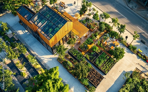 High-angle view of a vibrant urban garden adorned with colorful culinary herbs and sustainable mini-greenhouses, nature meets gastronomy photo