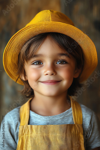 Boy in yellow hat and apron, cheerful smile, warm earthtoned background, playful mood photo