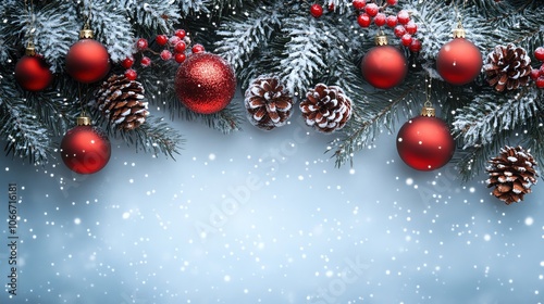 Christmas tree branch decorated with red ornaments and pine cones, snowy background