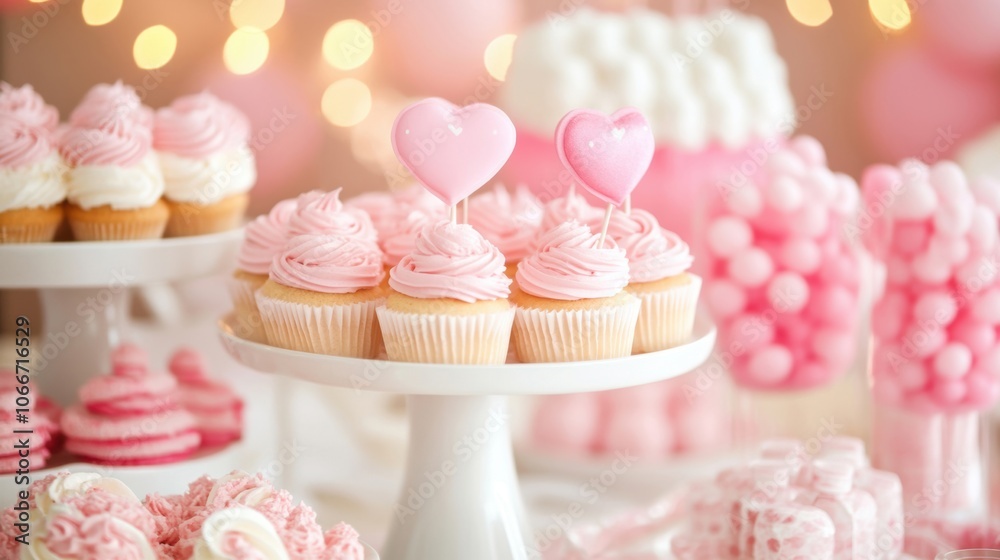 Delicious pink cupcakes with heart-shaped toppings set the scene for a vibrant girl's birthday celebration filled with sweet treats Delicious pink cupcakes with heart-shaped toppings set the scene for a vibrant girl's birthday celebration filled with sweet treats