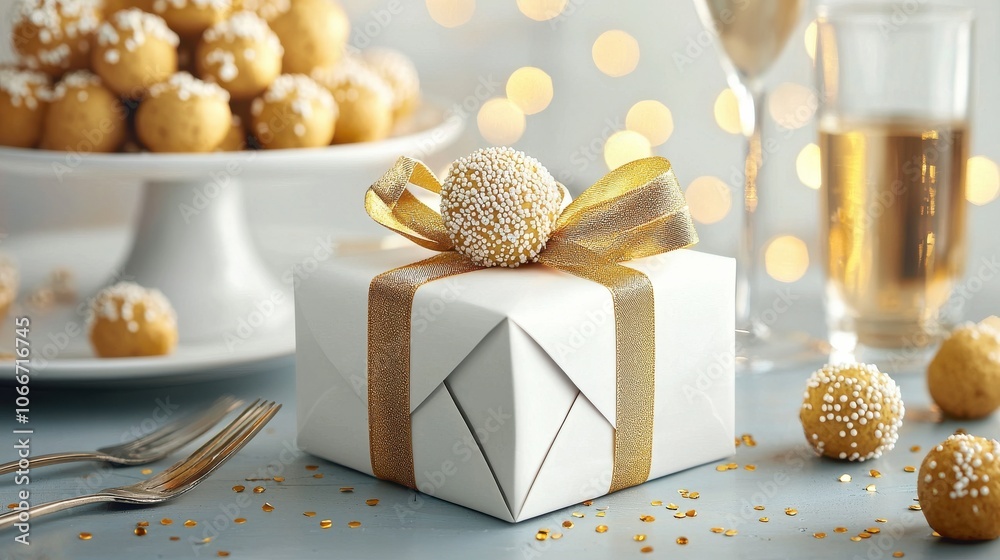 Delightful gift box decorated with golden ribbon and sweet treats for celebrations