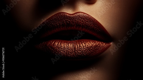 Close-up of lips in rich burnt sienna, matte finish with a velvety texture, illuminated by diffused studio light to capture the natural warmth and smoothness, high-resolution, artistic and warm, photo