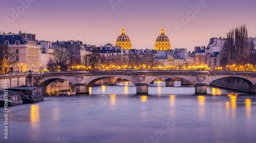 A picturesque view of the Seine River in Paris with the iconic domes of the Invalides in the distance, illuminated by the golden glow of sunset. photo