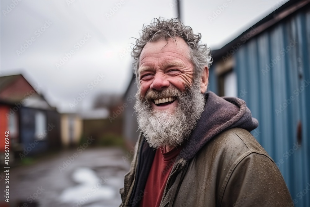 Portrait of a senior man with grey beard and mustache in a city street