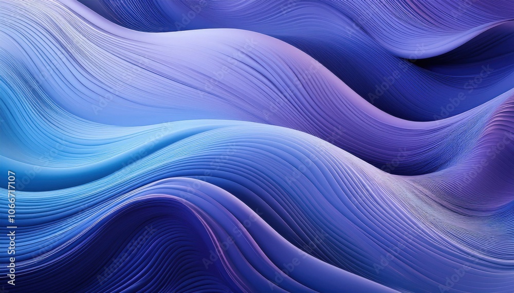 Fluid Abstract Wave Layers in Vibrant Blue and Soft Purple Gradients. 3D Rendered Flowing Patterns for Tranquil, Nature Inspired Digital Art, Calm Backgrounds, and Modern Graphic Design