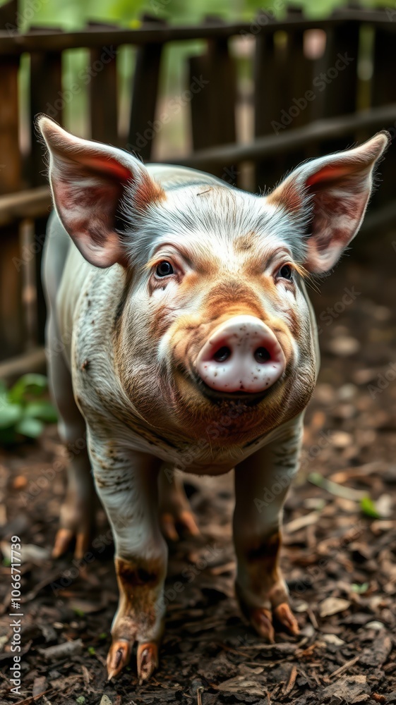A pig with a muddy snout smiles as it stands in front of a wooden fence A pig with a muddy snout smiles as it stands in front of a wooden fence