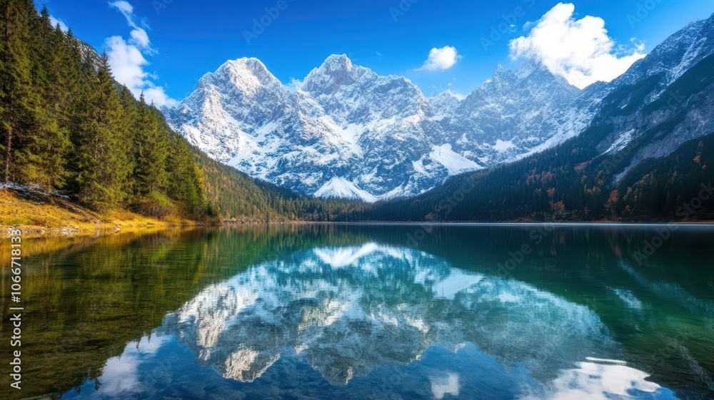 Snow-Capped Mountains Reflected in a Crystal Clear Lake Under a Bright Blue Sky Snow-Capped Mountains Reflected in a Crystal Clear Lake Under a Bright Blue Sky