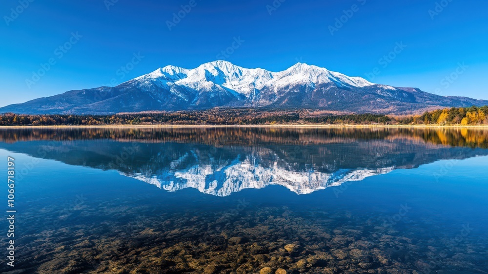 Naklejka premium Snow-Capped Mountains Reflected in a Crystal Clear Lake Under a Bright Blue Sky