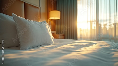 A plush bed with white linens is bathed in warm sunlight streaming through sheer curtains in a hotel room.